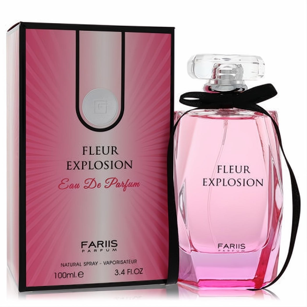 Fariis Fleur Explosion 3.4 oz Eau De Parfum. Chic pink faceted bottle with black ribbon, beside its vibrant matching pink box.