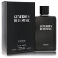 Fariis Generous Di Homme 3.4 oz men's EDP. Sleek matte black bottle with bold white text and elegant matching box.