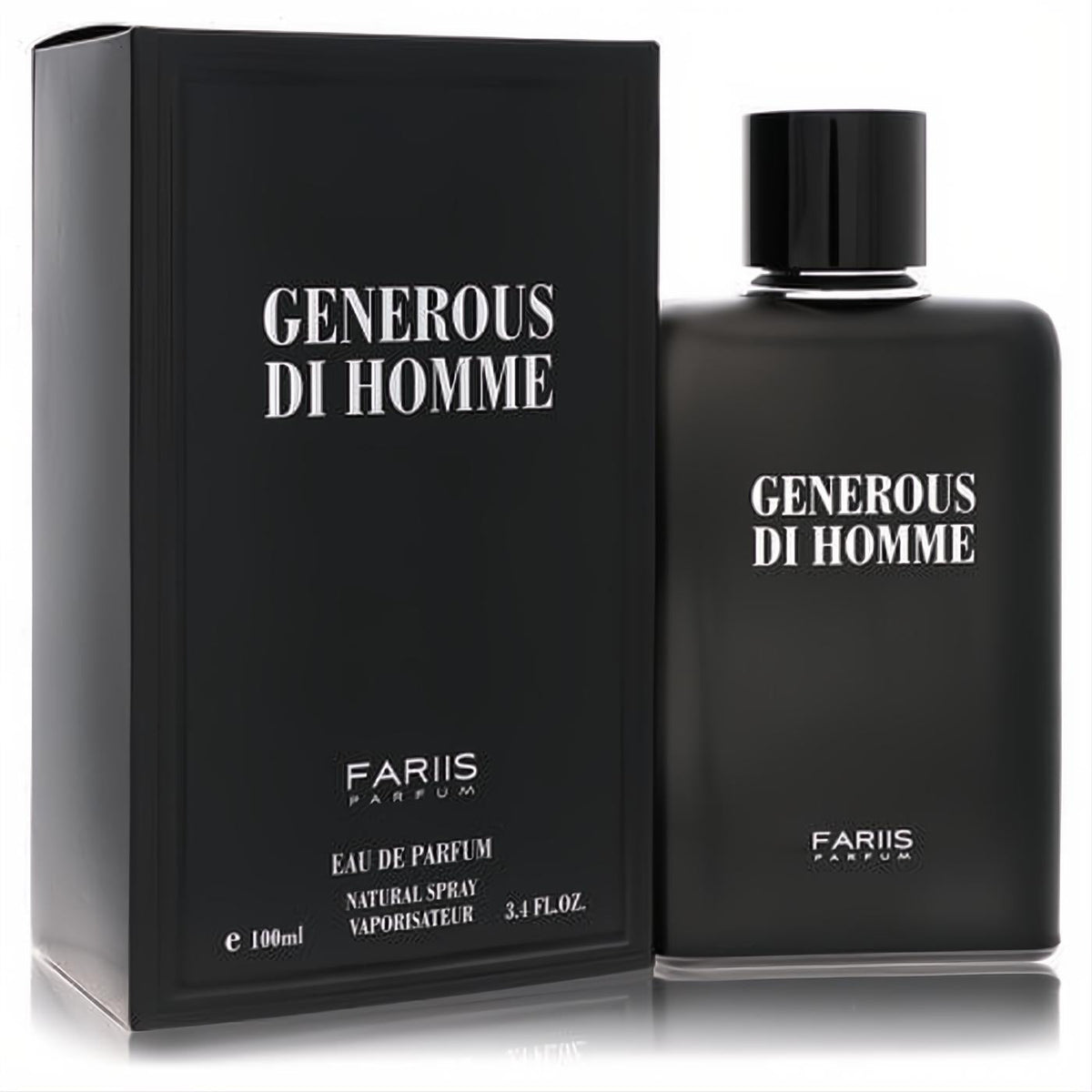 Fariis Generous Di Homme 3.4 oz men's EDP. Sleek matte black bottle with bold white text and elegant matching box.