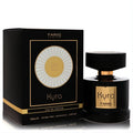Luxurious Fariis Kyra Unisex Eau De Parfum spray, 3.4 oz. Sleek black bottle with gold accents and matching box.