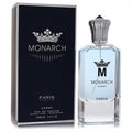 Fariis Monarch Homme 3.4 oz EDP. Elegant clear glass bottle, light blue scent, and luxurious silver crown cap.