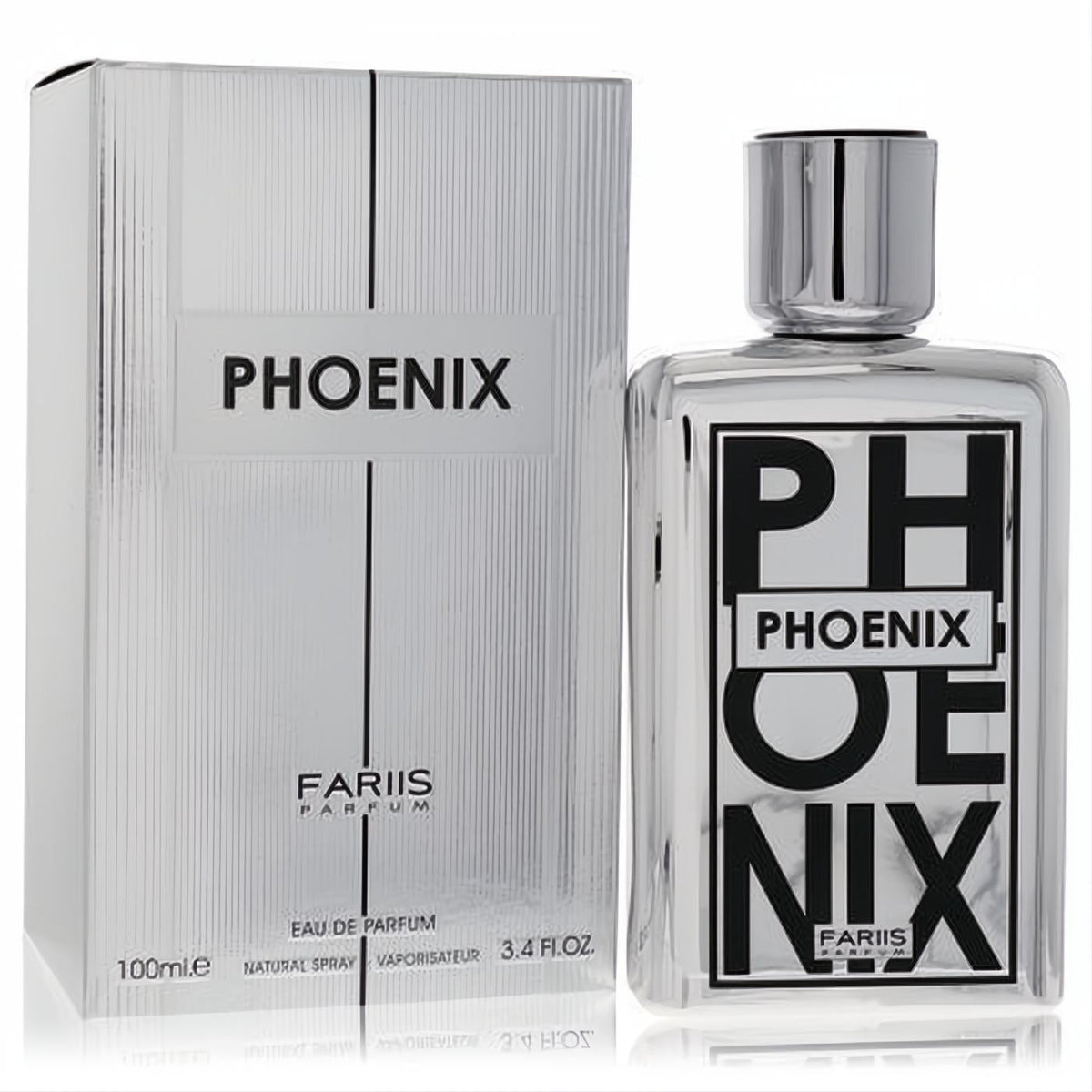 Elevate your style with Fariis Phoenix 3.4 oz Eau De Parfum for men. Sleek silver bottle and matching elegant box.