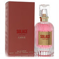 Experience Fariis Solace 3.4 oz women's EDP. Pink fragrance in a clear ribbed glass bottle with gold label, displayed with its elegant terracotta box.