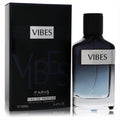 Experience Fariis Vibes 3.4 oz men's Eau De Parfum. Modern black-to-blue gradient bottle, silver label, and matching black box.