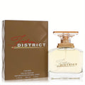 Fashion District Men's Eau De Parfum 3.4 oz. Luxurious clear glass bottle with amber liquid, gold cap, and elegant bronze box.