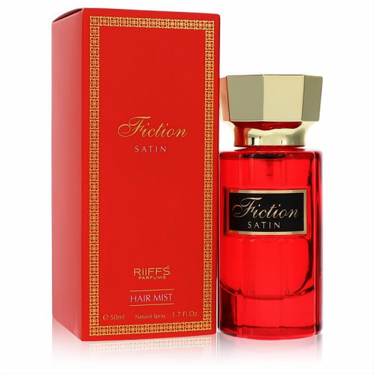 Luxurious red Fiction Satin Riiffs Hair Mist 1.7 oz bottle with a sleek gold cap and matching elegant box.