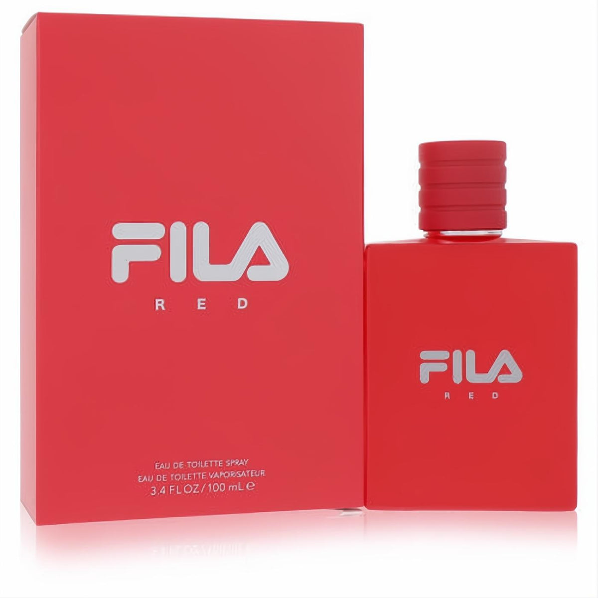 Bold Fila Red 3.4 oz men's EDT spray. Striking matte red bottle and box with iconic silver logo.