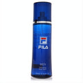 Fila Men's 8.4 oz refreshing body spray in a sleek, translucent deep blue bottle with a silver band and iconic Fila logo.