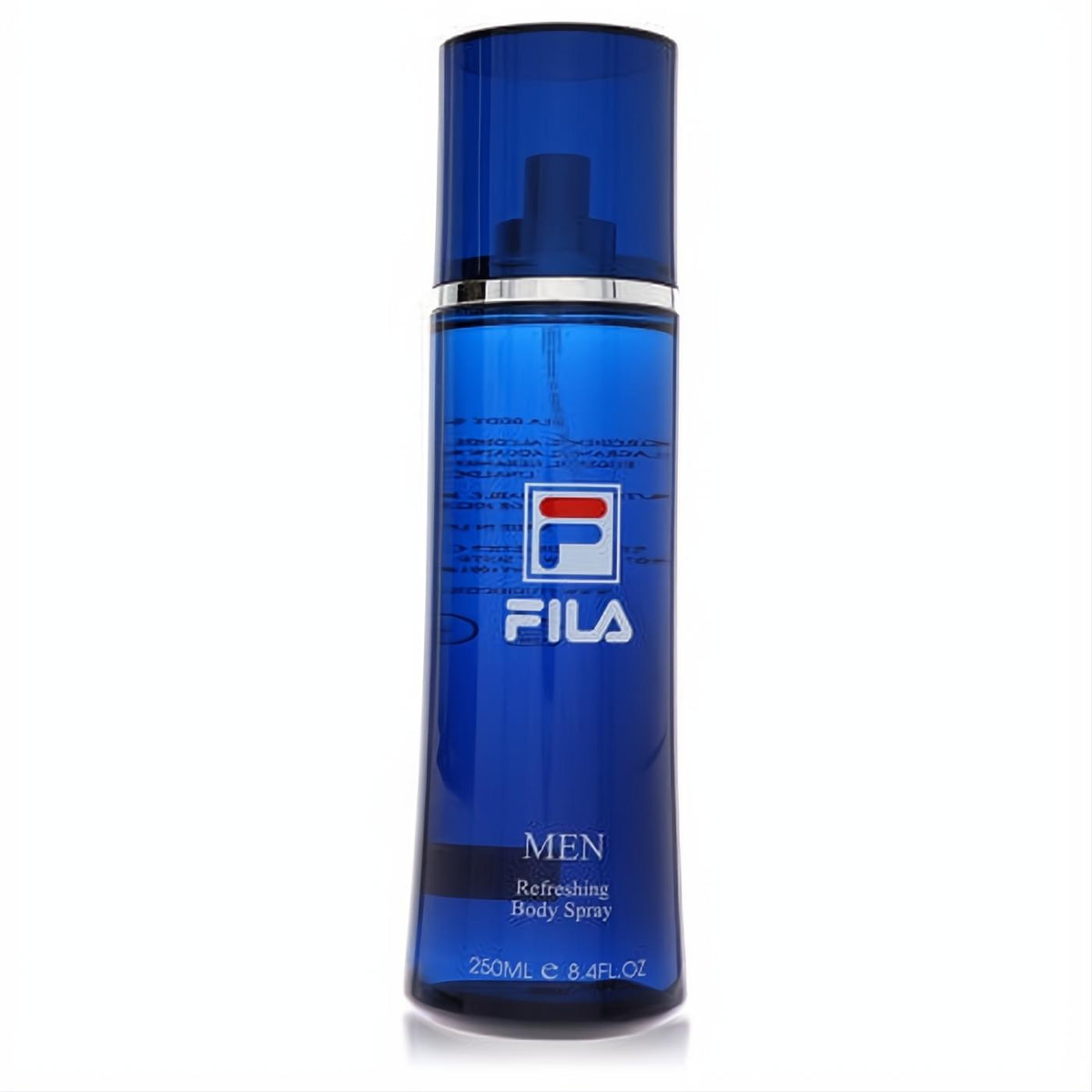 Fila Men's 8.4 oz refreshing body spray in a sleek, translucent deep blue bottle with a silver band and iconic Fila logo.