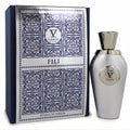 Sleek silver Fili V by V Canto Extrait De Parfum bottle and luxurious navy box with intricate silver pattern.