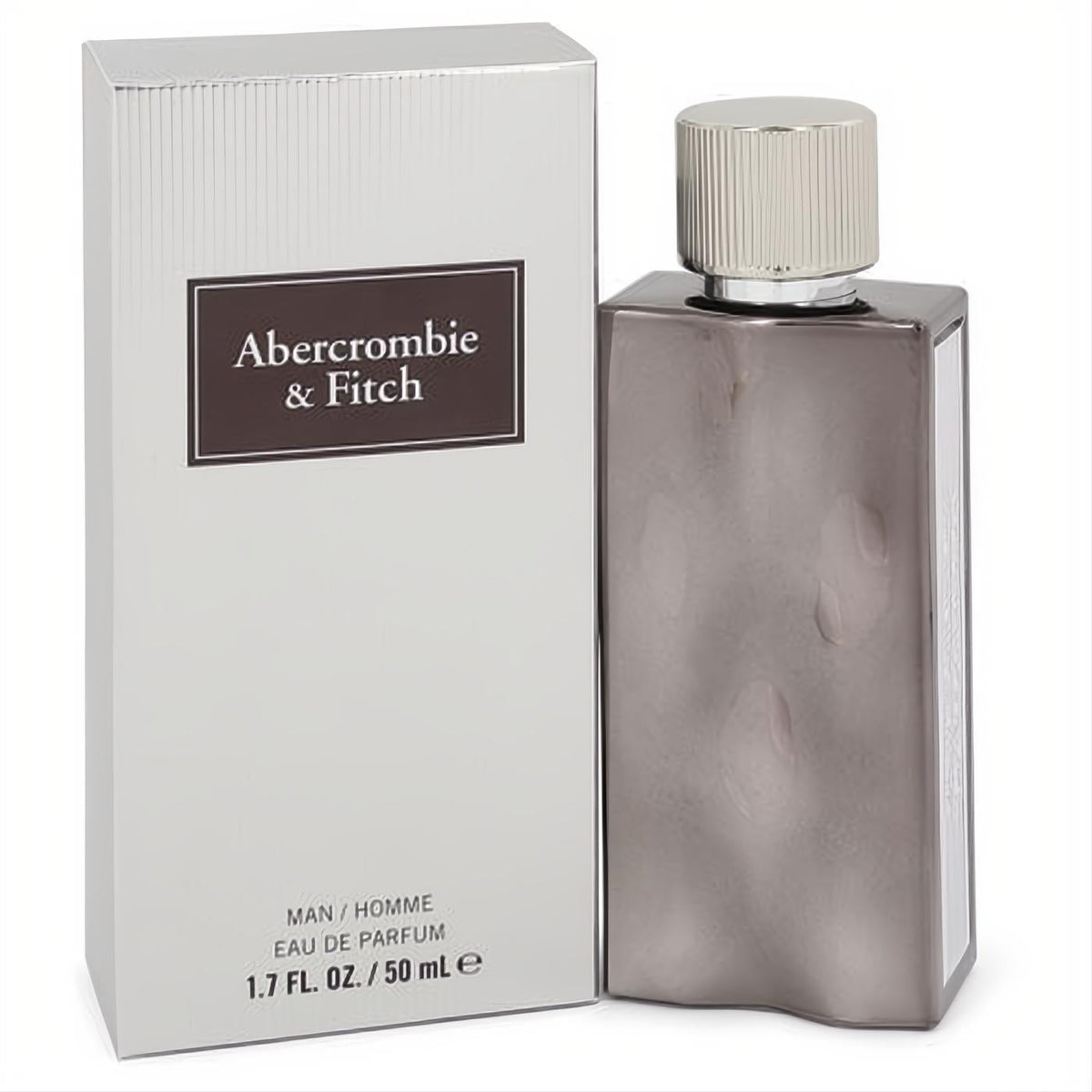 Abercrombie & Fitch First Instinct Extreme 1.7 oz men's EDP. Sleek smoky gray bottle, silver cap, and matching textured box.