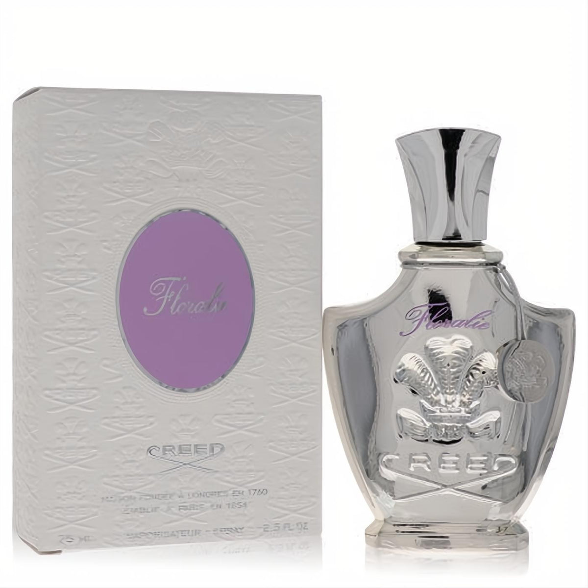 Luxurious Creed Floralie 2.5 oz women's EDP. Features a stunning silver ornate bottle with purple script and a matching white embossed box.