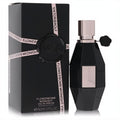 Flowerbomb Midnight 1.7 oz perfume. Sleek black faceted bottle with rose gold cap, label, and signature VR seal, next to its elegant box.