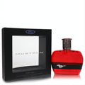 Bold red Ford Mustang 3.4 oz men's cologne bottle with silver logo and textured cap, displayed with its sleek black box.