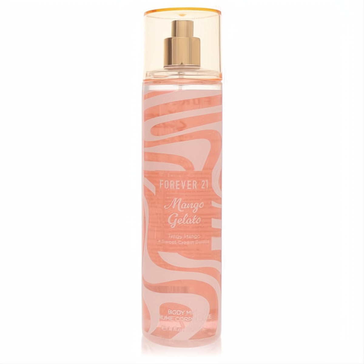 Forever 21 Mango Gelato 8 oz women's body mist. Clear bottle with tropical peach liquid, playful wavy design, and gold sprayer.