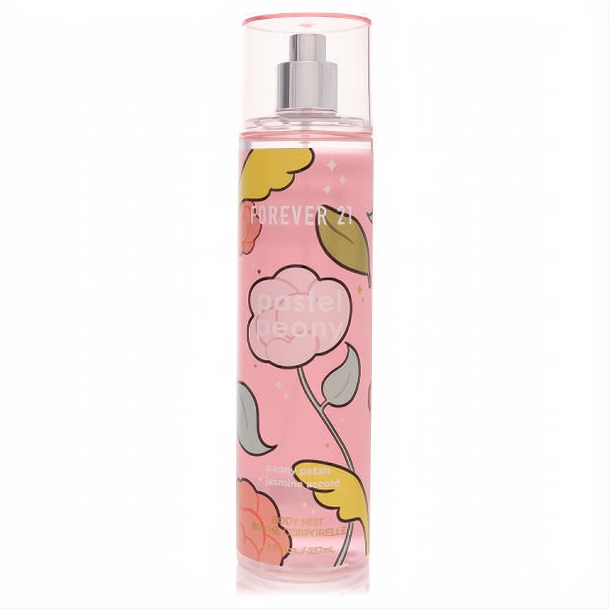 Forever 21 Pastel Peony 8 oz body mist. Clear bottle, soft pink liquid, charming label with pastel peony flowers.