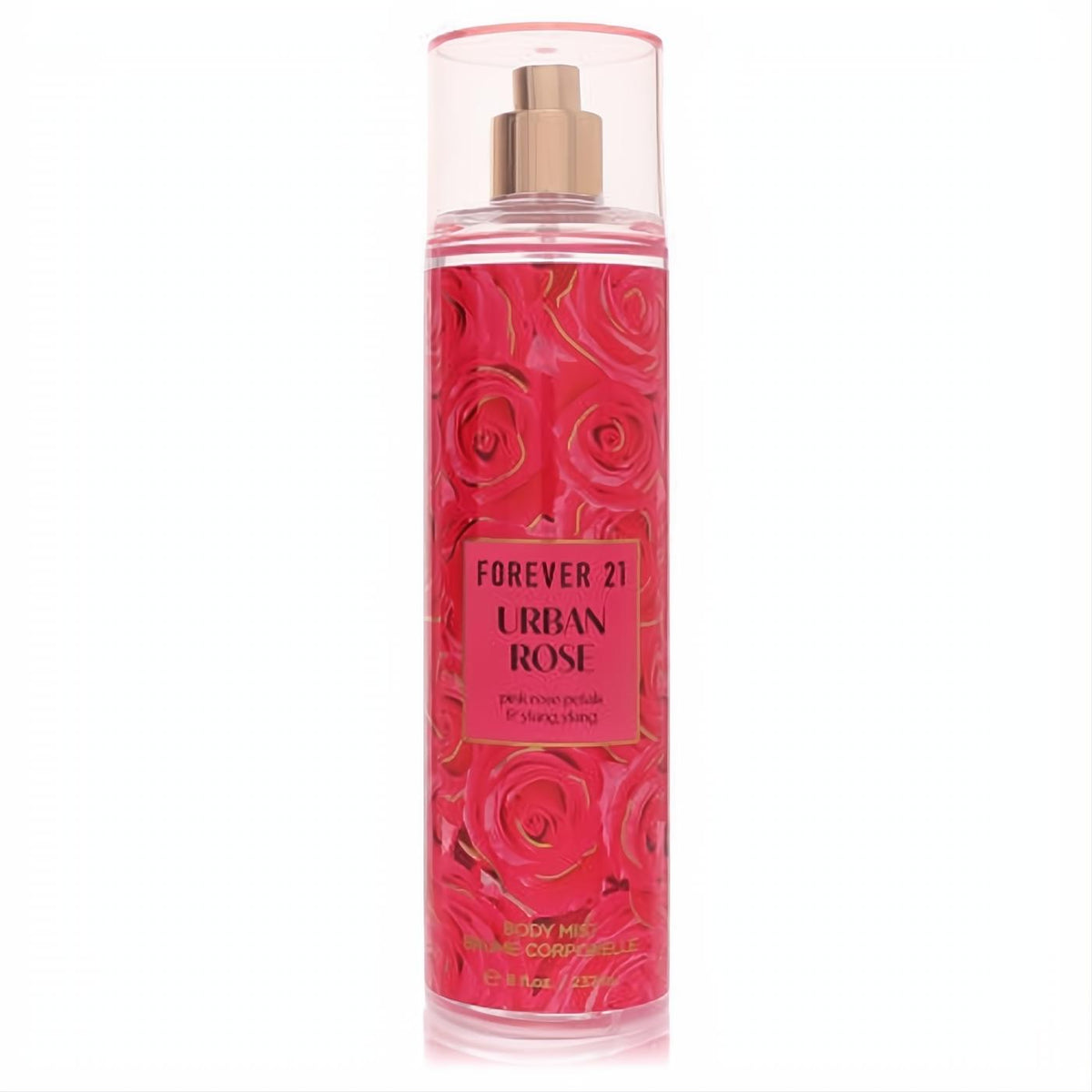 Forever 21 Urban Rose 8 oz body mist. Clear bottle with vibrant pink rose pattern and chic gold sprayer.