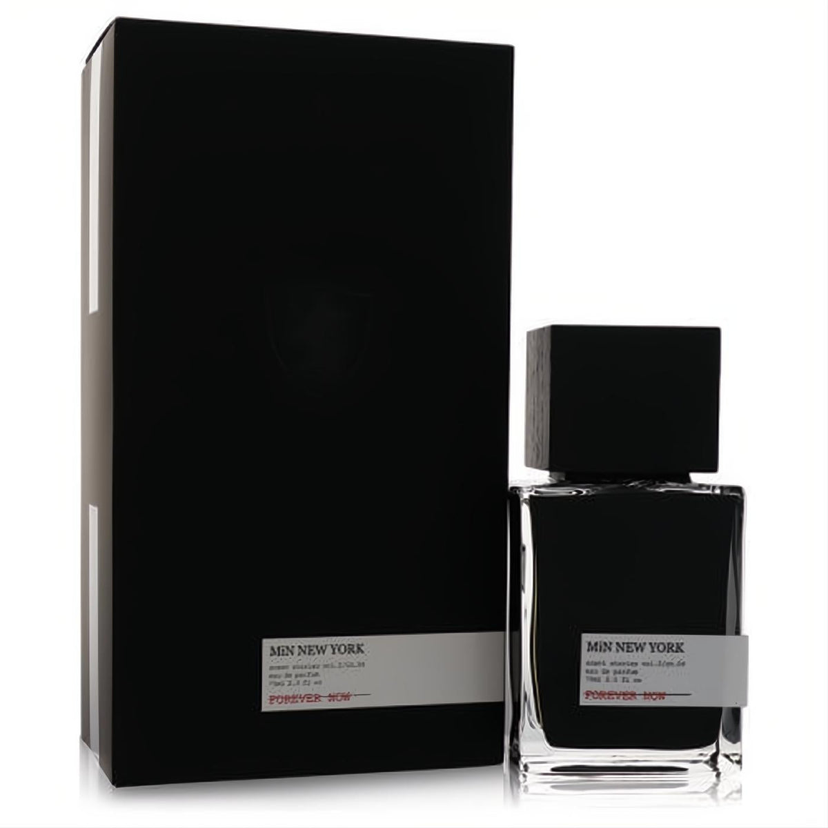 Sophisticated Min New York Forever Now 2.5 oz unisex fragrance. Clear glass bottle with black liquid, square cap, and sleek black box.