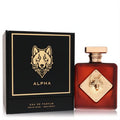 Distinctive Fragrance World Alpha 3.4 oz men's Eau De Parfum. Frosted dark red bottle with bold gold wolf emblem and elegant black box.