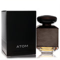 Bold Atom Grey 3.4 oz men's EDP spray bottle with textured dark grey design, glossy cap, and sleek black box.