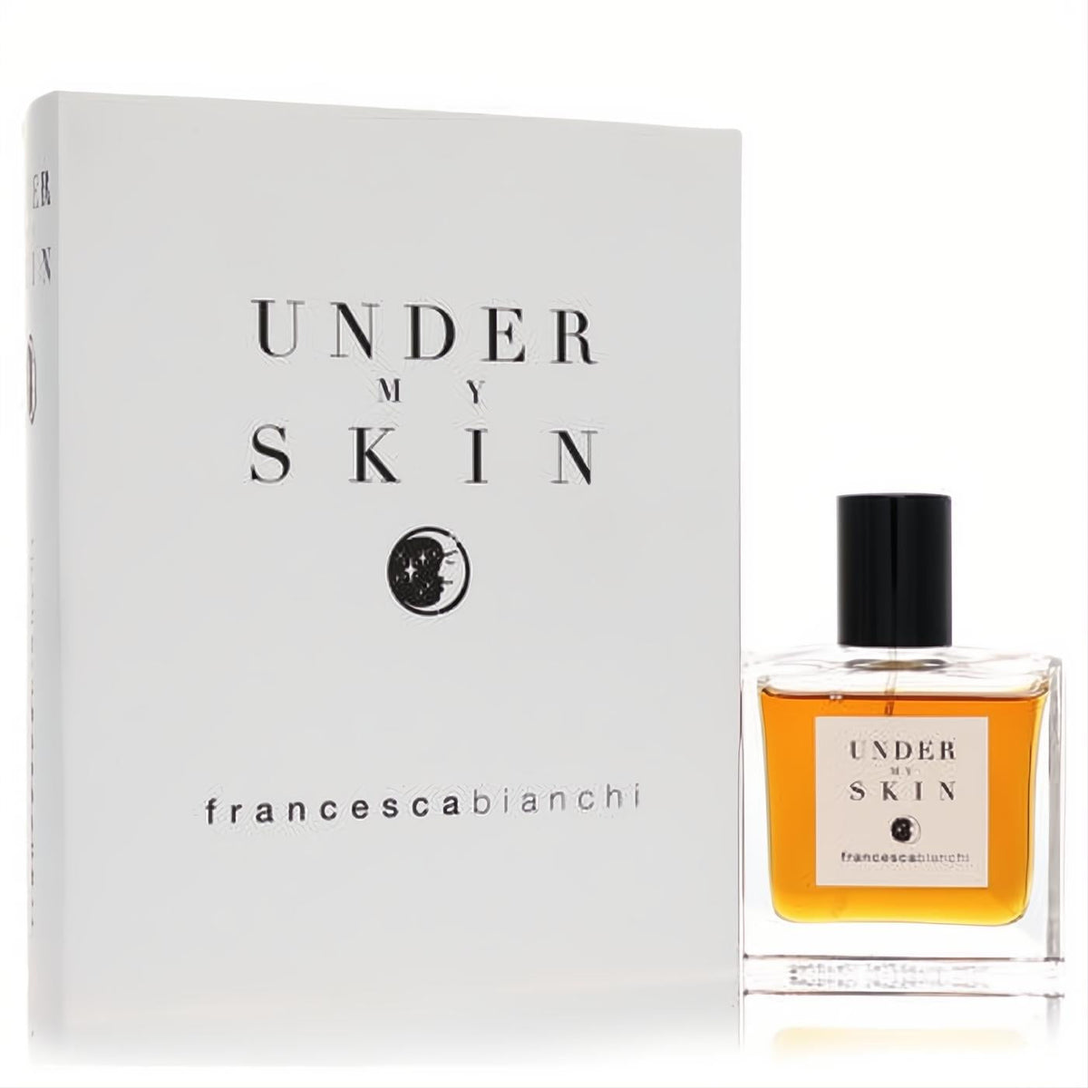 Francesca Bianchi Under My Skin 1 oz unisex extrait de parfum. Amber liquid in clear bottle with black cap, elegant white box.