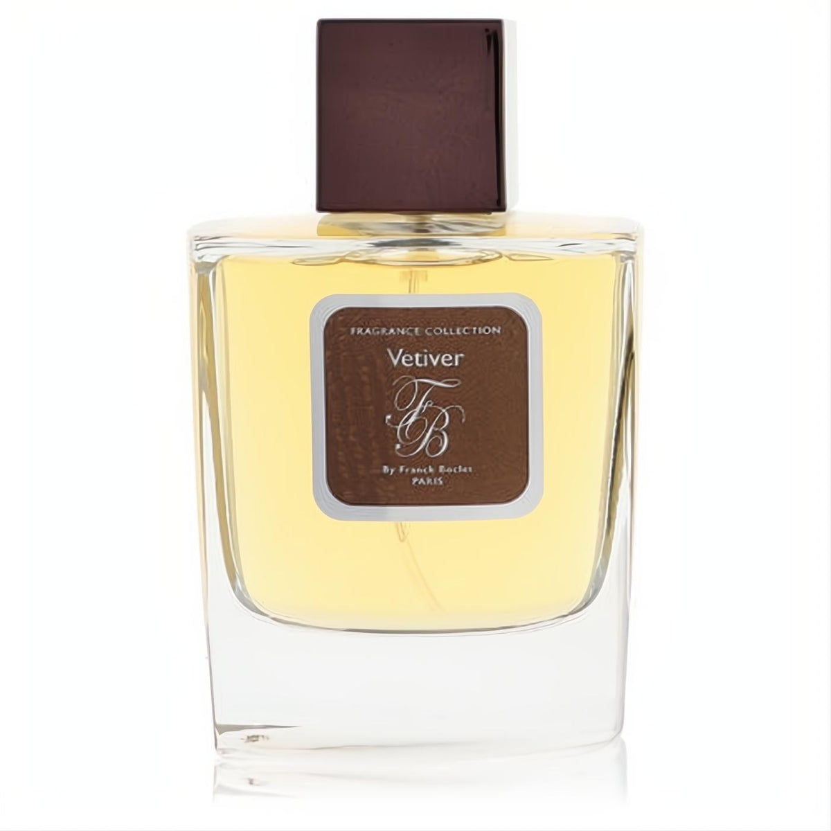 Sophisticated Franck Boclet Vetiver 3.3 oz unisex Eau De Parfum. Clear glass bottle, golden liquid, and a dark brown cap.
