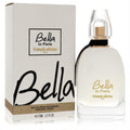 Franck Olivier Bella In Paris 2.5 oz EDP. Elegant white curved bottle, gold accents, clear cap, and chic black ribbon.