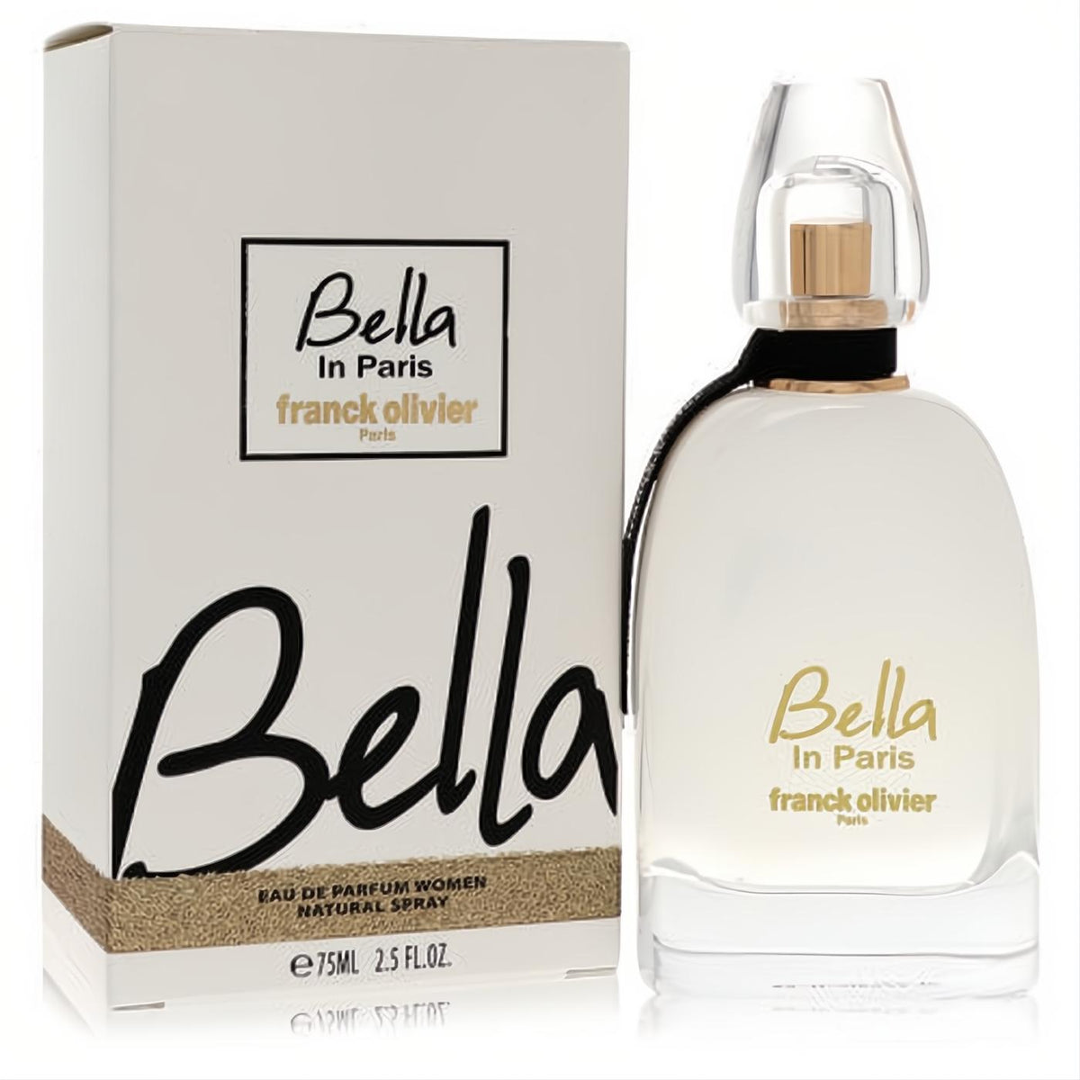Franck Olivier Bella In Paris 2.5 oz EDP. Elegant white curved bottle, gold accents, clear cap, and chic black ribbon.