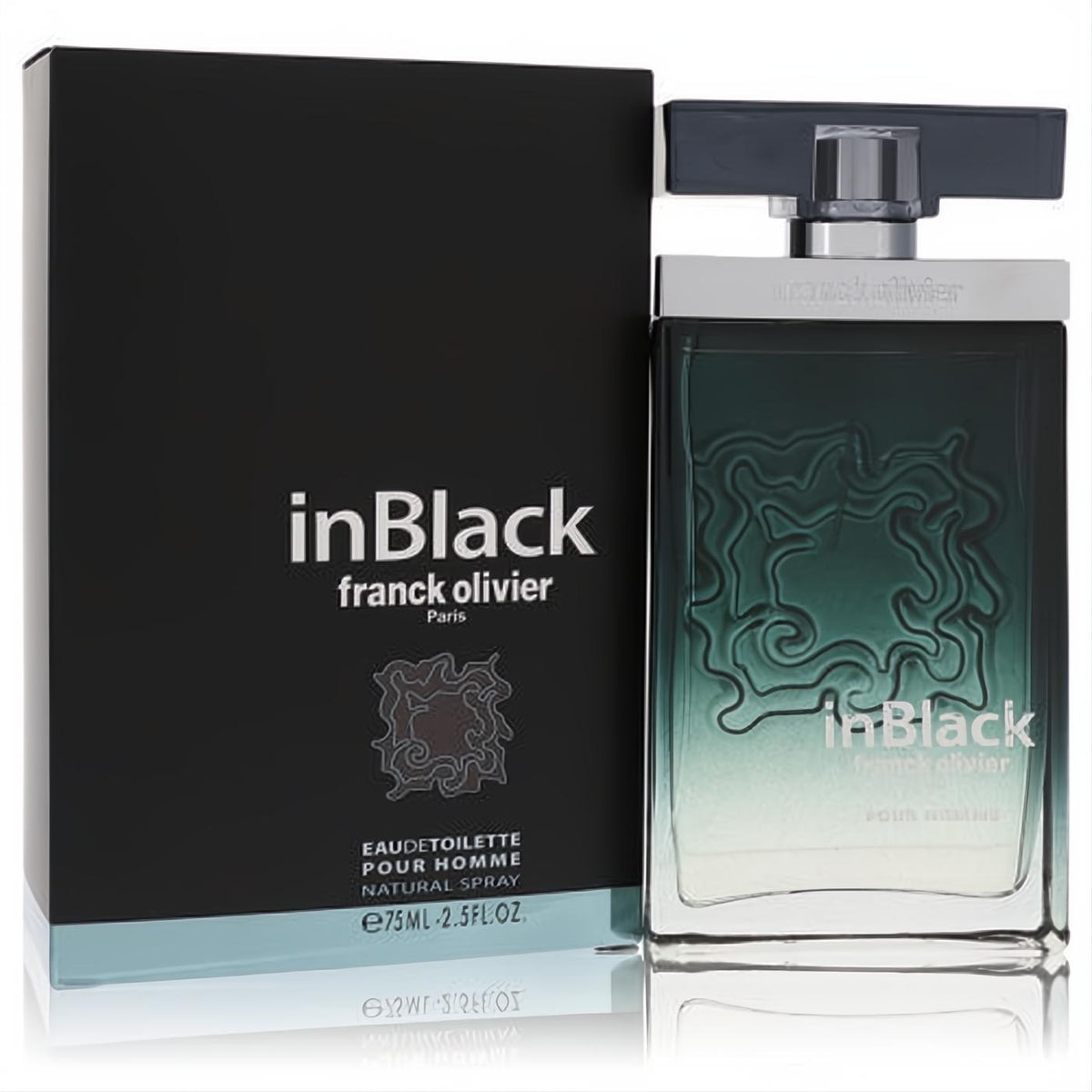 Franck Olivier In Black 2.5 oz men's EDT. Bold black gradient glass bottle with unique embossed swirl design and matching matte box.