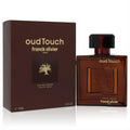 Luxurious Franck Olivier Oud Touch 3.4 oz men's Eau De Parfum. Dark brown bottle and box with elegant gold details and tree logo.
