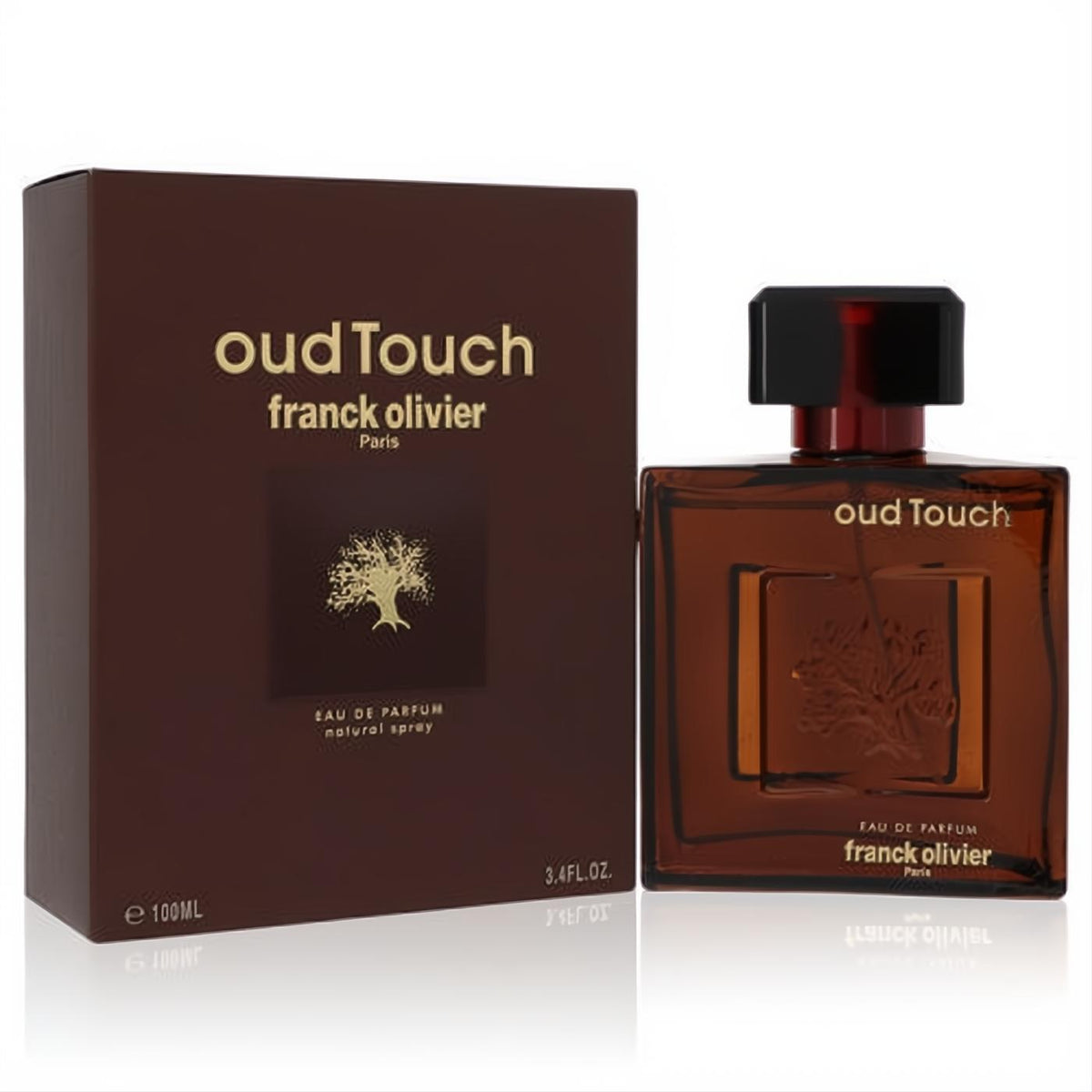 Luxurious Franck Olivier Oud Touch 3.4 oz men's Eau De Parfum. Dark brown bottle and box with elegant gold details and tree logo.