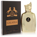 Luxurious Galatea Maison Alhambra 3.4 oz gold perfume bottle with a unique sculpted cap and elegant black striped box.