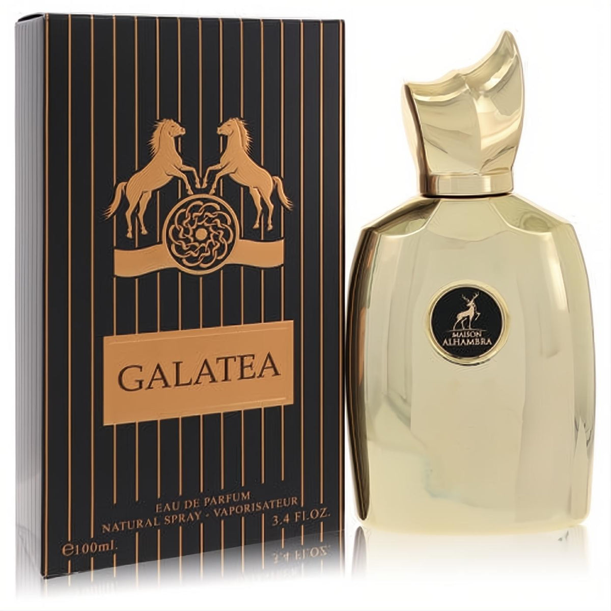 Luxurious Galatea Maison Alhambra 3.4 oz gold perfume bottle with a unique sculpted cap and elegant black striped box.