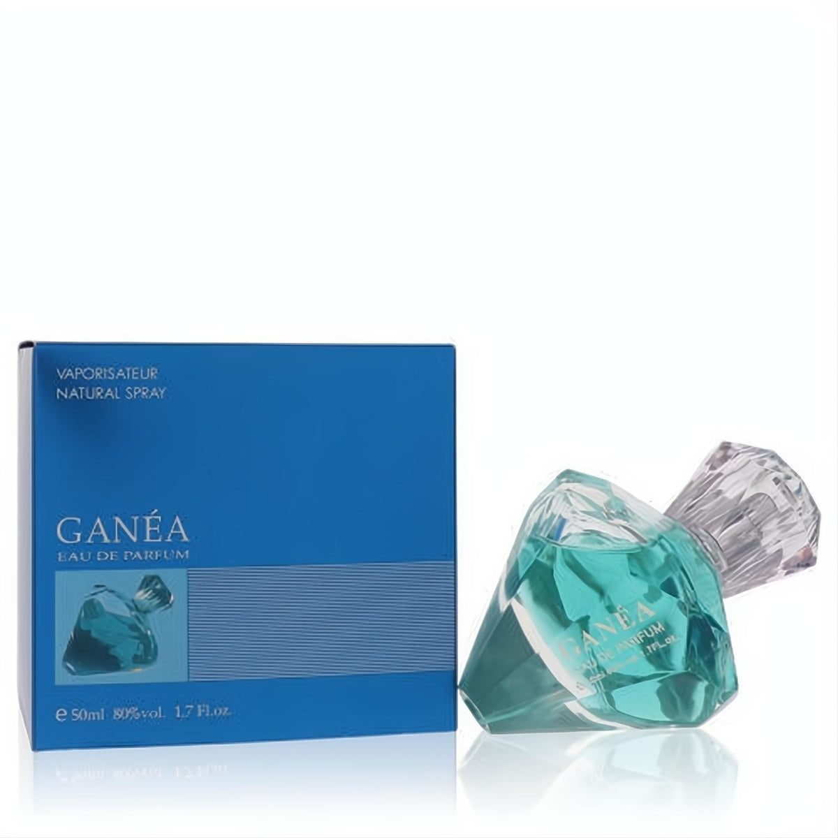Ganea 1.7 oz women's Eau De Parfum. Distinctive aqua faceted glass bottle with clear crystal cap and elegant blue box.
