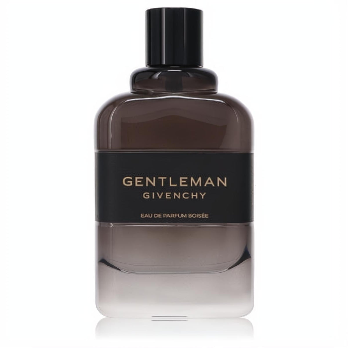 Givenchy Gentleman Boisee 3.3 oz Eau De Parfum. Sleek dark glass bottle with black label and gold lettering.