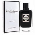 Experience Gentleman Society Givenchy Eau De Parfum. Bold black 3.3 oz bottle with iconic silver 4G logo, beside its crisp white box.
