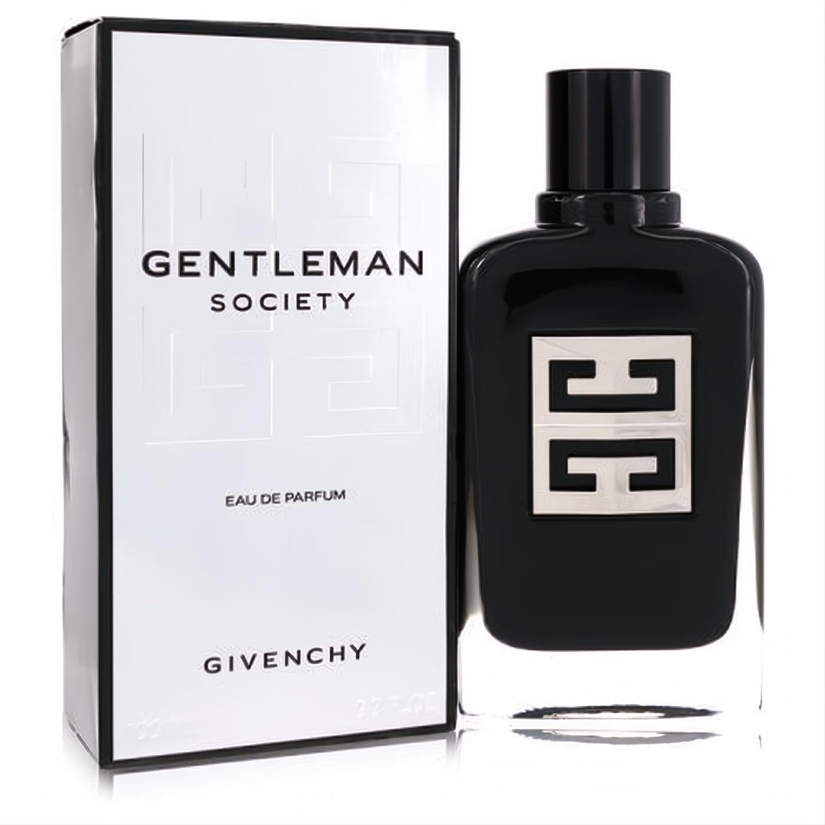 Experience Gentleman Society Givenchy Eau De Parfum. Bold black 3.3 oz bottle with iconic silver 4G logo, beside its crisp white box.