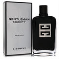 Experience Givenchy Gentleman Society 6.7 oz EDP. Bold black bottle with iconic silver logo, presented with its sophisticated white box.