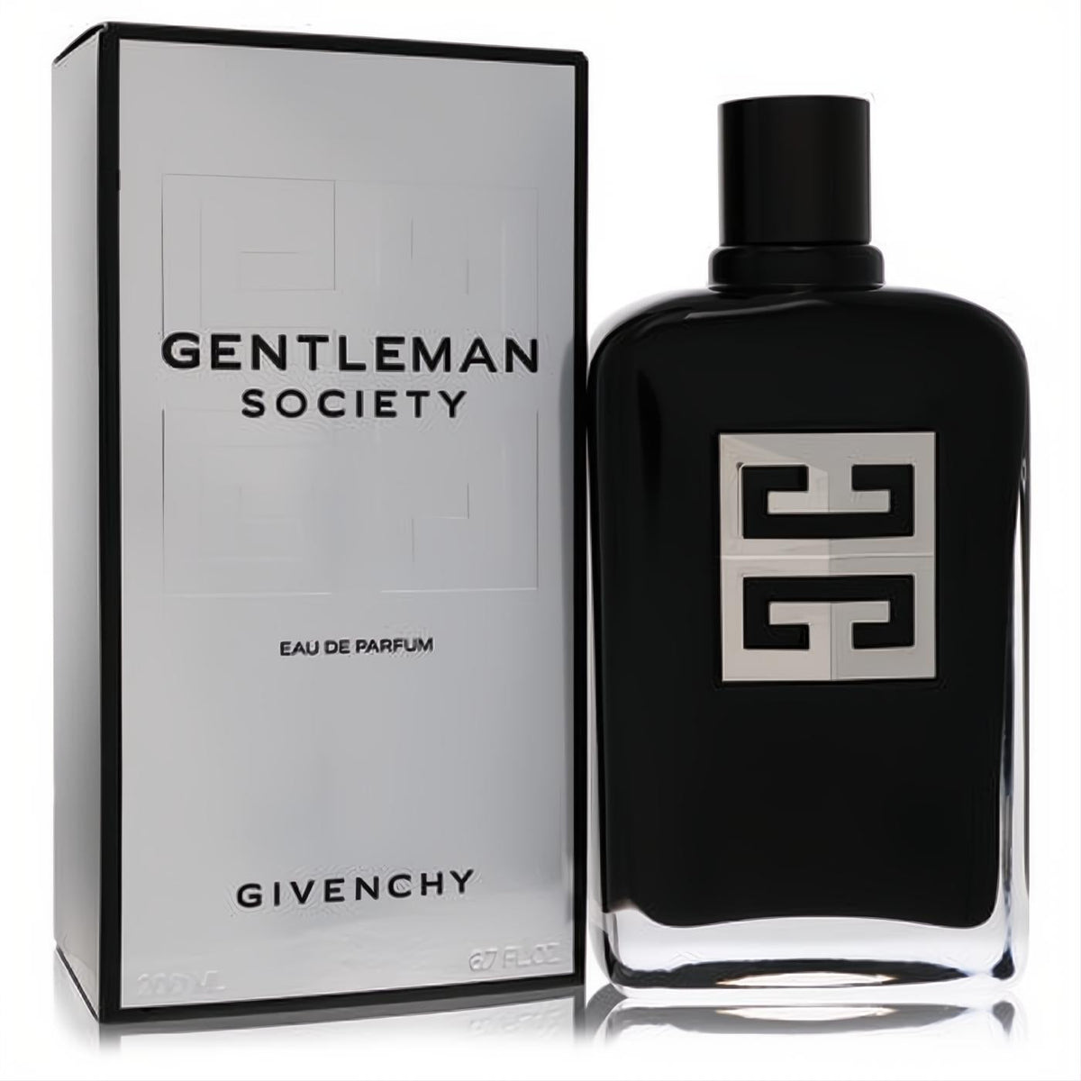 Experience Givenchy Gentleman Society 6.7 oz EDP. Bold black bottle with iconic silver logo, presented with its sophisticated white box.