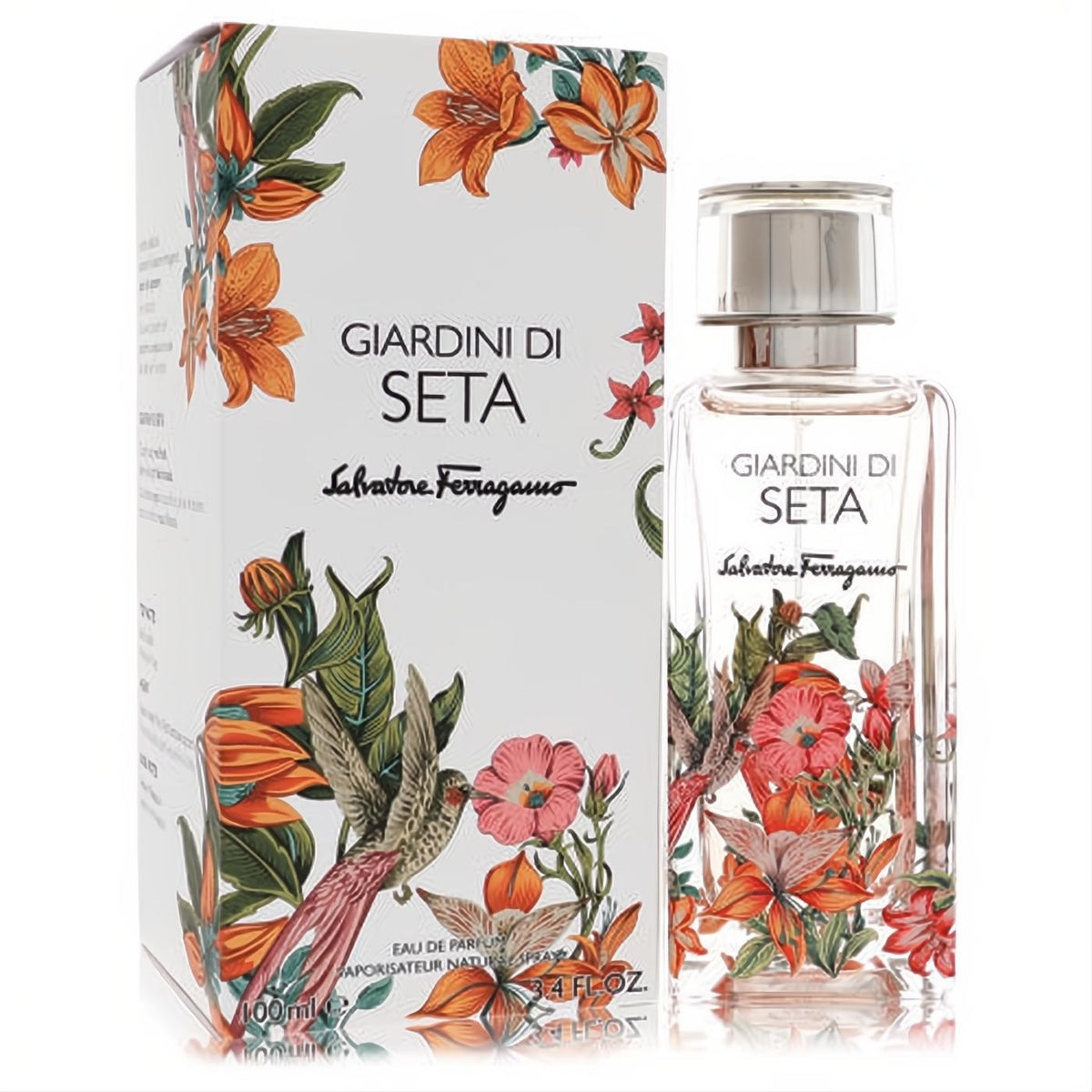 Elegant Salvatore Ferragamo Giardini Di Seta 3.4 oz EDP. Clear glass bottle and white box with vibrant floral and hummingbird art.