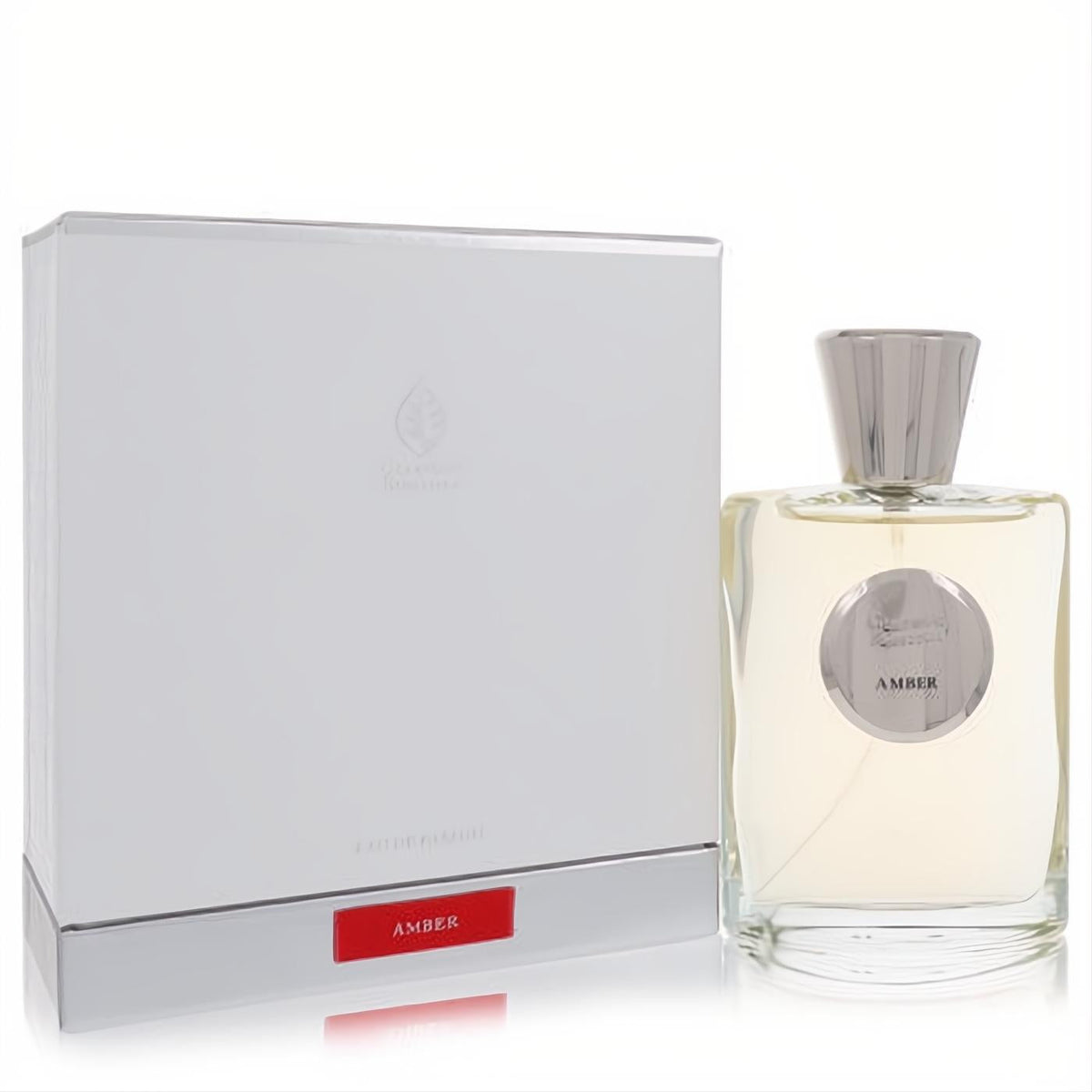 Elegant Giardino Benessere Amber Eau De Parfum in a clear wavy glass bottle with silver cap, beside its luxurious white box with red 'AMBER' label.