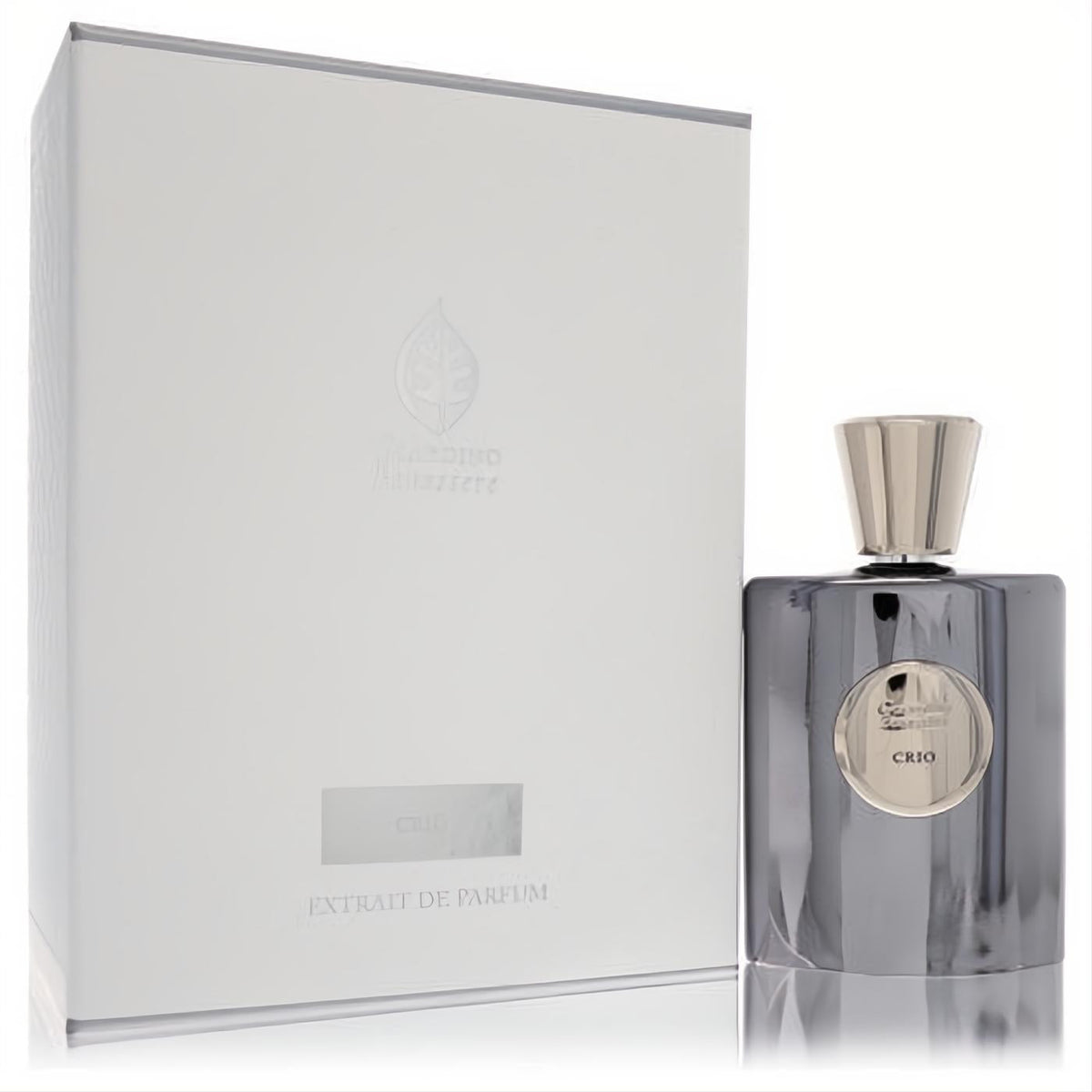 Luxurious Giardino Benessere Crio 3.4 oz unisex extrait de parfum. Sleek metallic grey bottle with elegant silver ribbed cap.