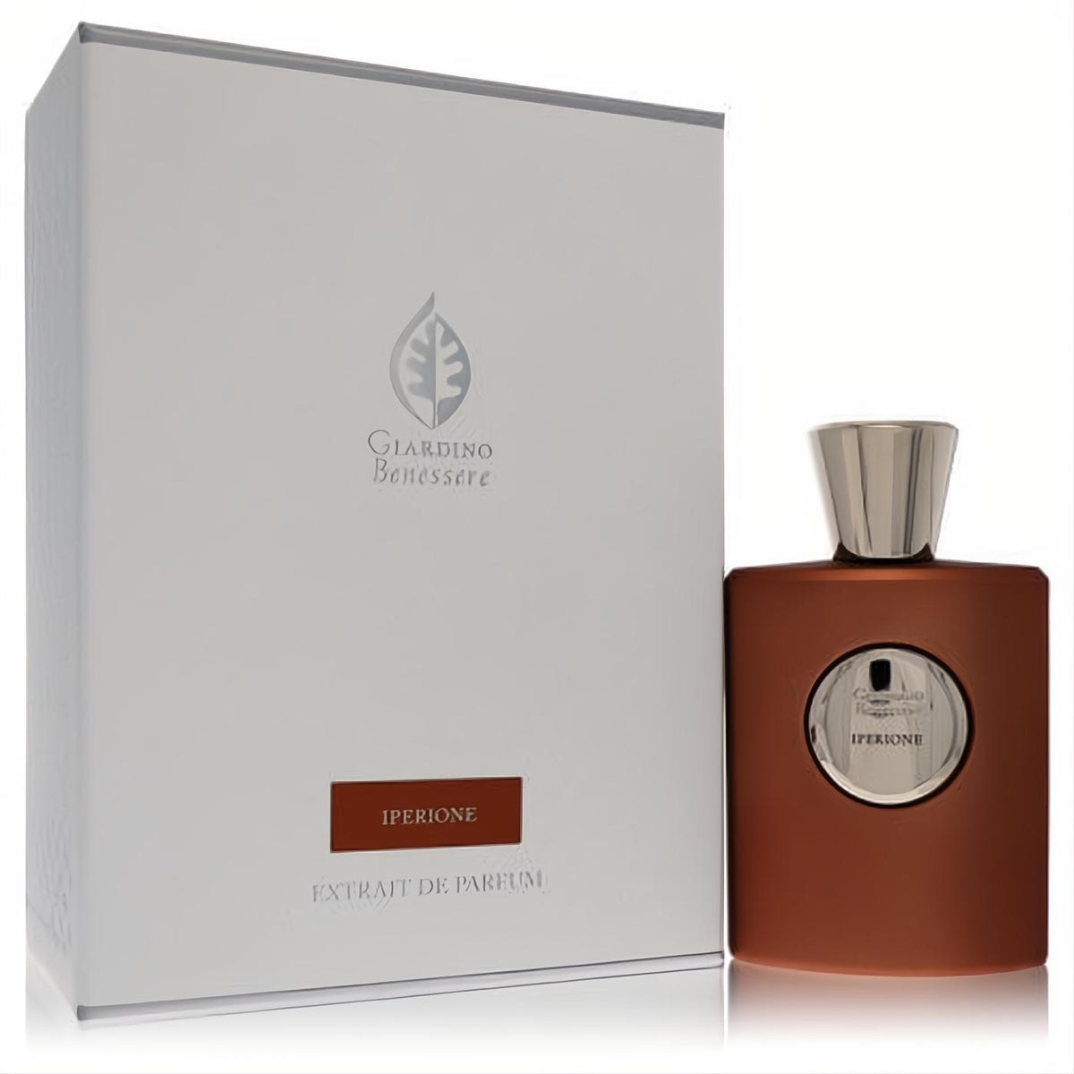 Luxurious Giardino Benessere Iperione 3.4 oz extrait de parfum, featuring a sleek matte terracotta bottle and elegant white box.