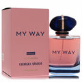 Giorgio Armani My Way Intense 3 oz EDP. Luxurious clear bottle with pink fragrance, sophisticated dark blue cap, and elegant pink box.