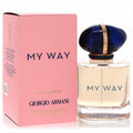 Elegant Giorgio Armani My Way 1.7 oz Eau De Parfum. Clear glass bottle, unique blue cap with gold accents, beside its chic pink box.