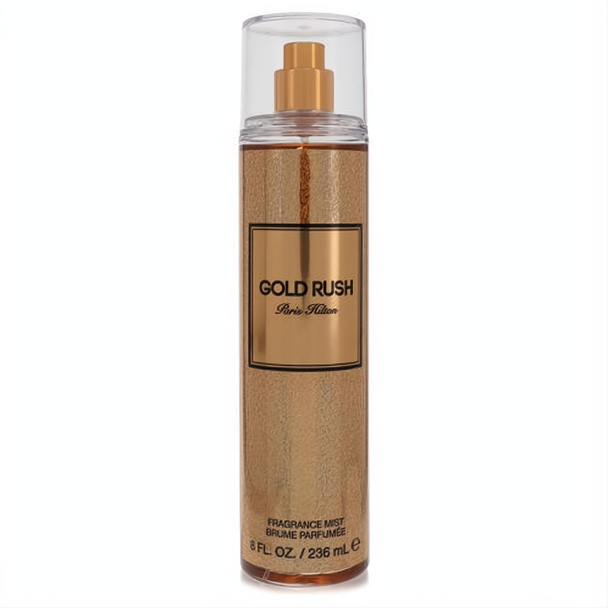 Glamorous Gold Rush Paris Hilton 8 oz fragrance mist. Shimmering gold bottle, clear cap, and elegant black label.