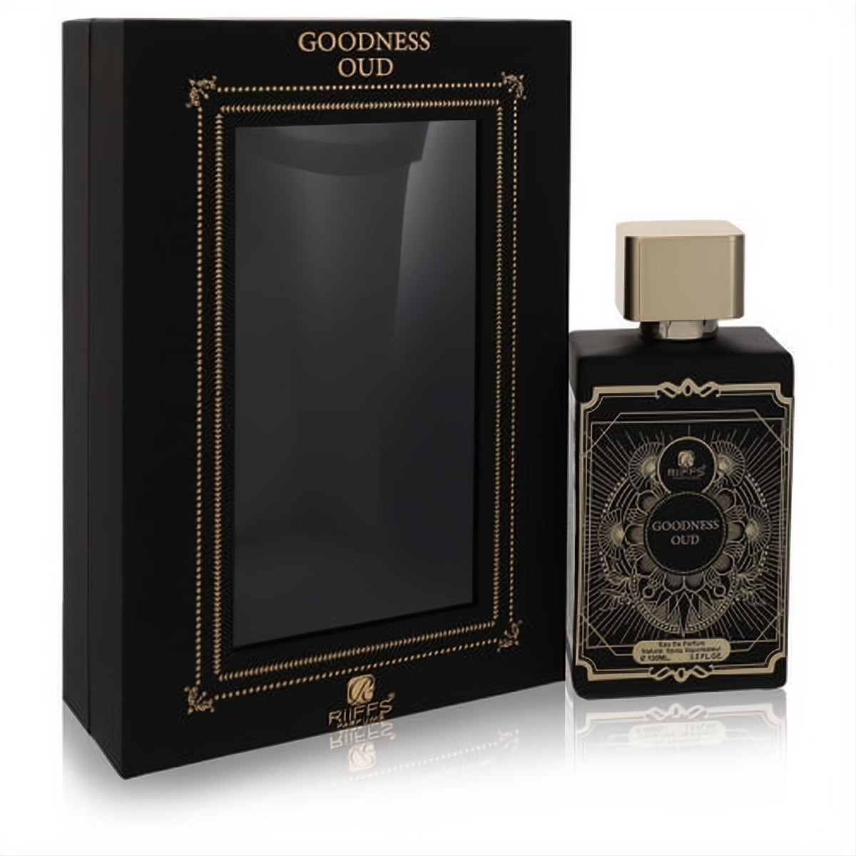 Goodness Oud by Riiffs 3.3 oz men's cologne. Elegant black glass bottle, gold cap, intricate gold design, and matching luxury gift box.