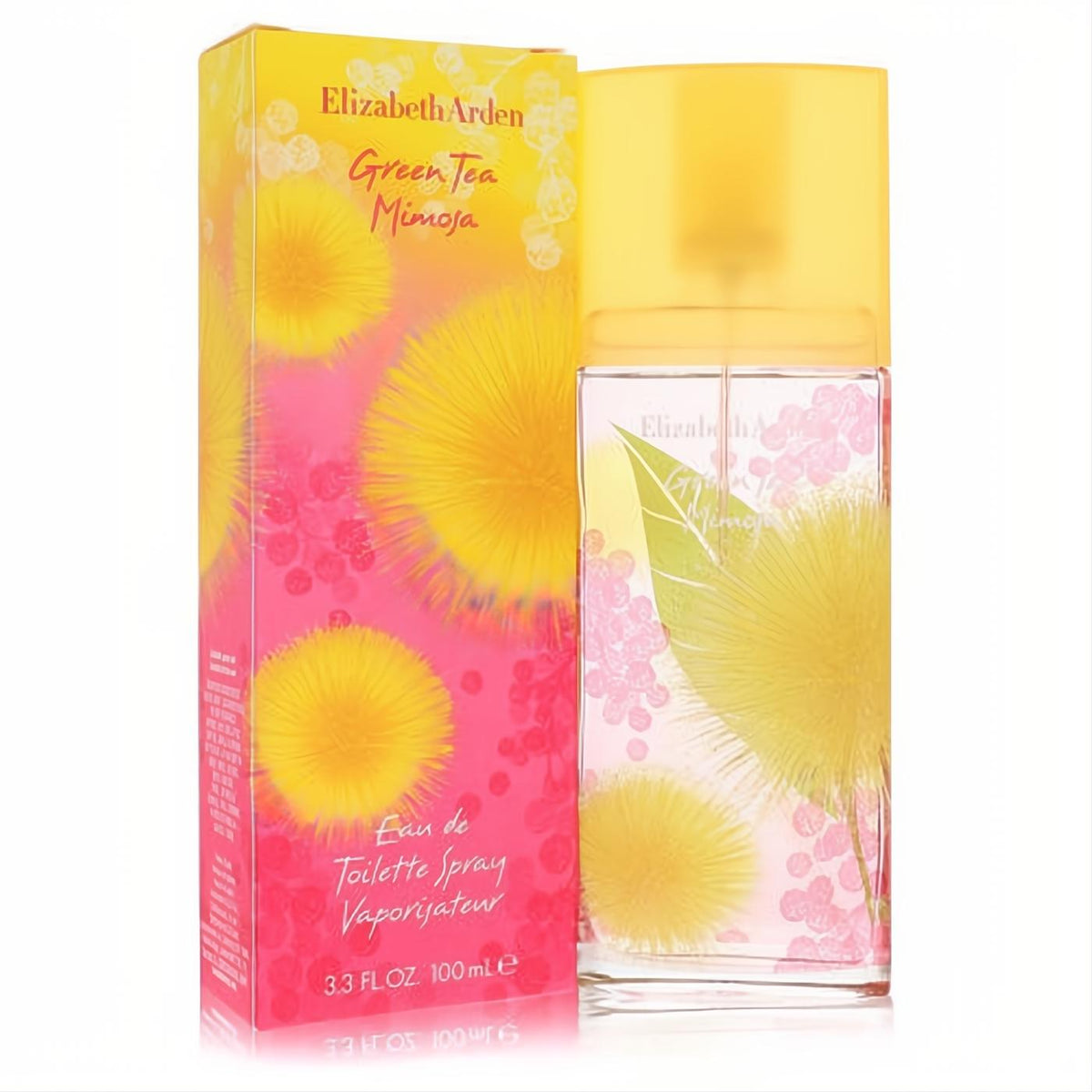 Elizabeth Arden Green Tea Mimosa 3.3 oz EDT spray, clear bottle with vibrant yellow mimosa & pink floral design.