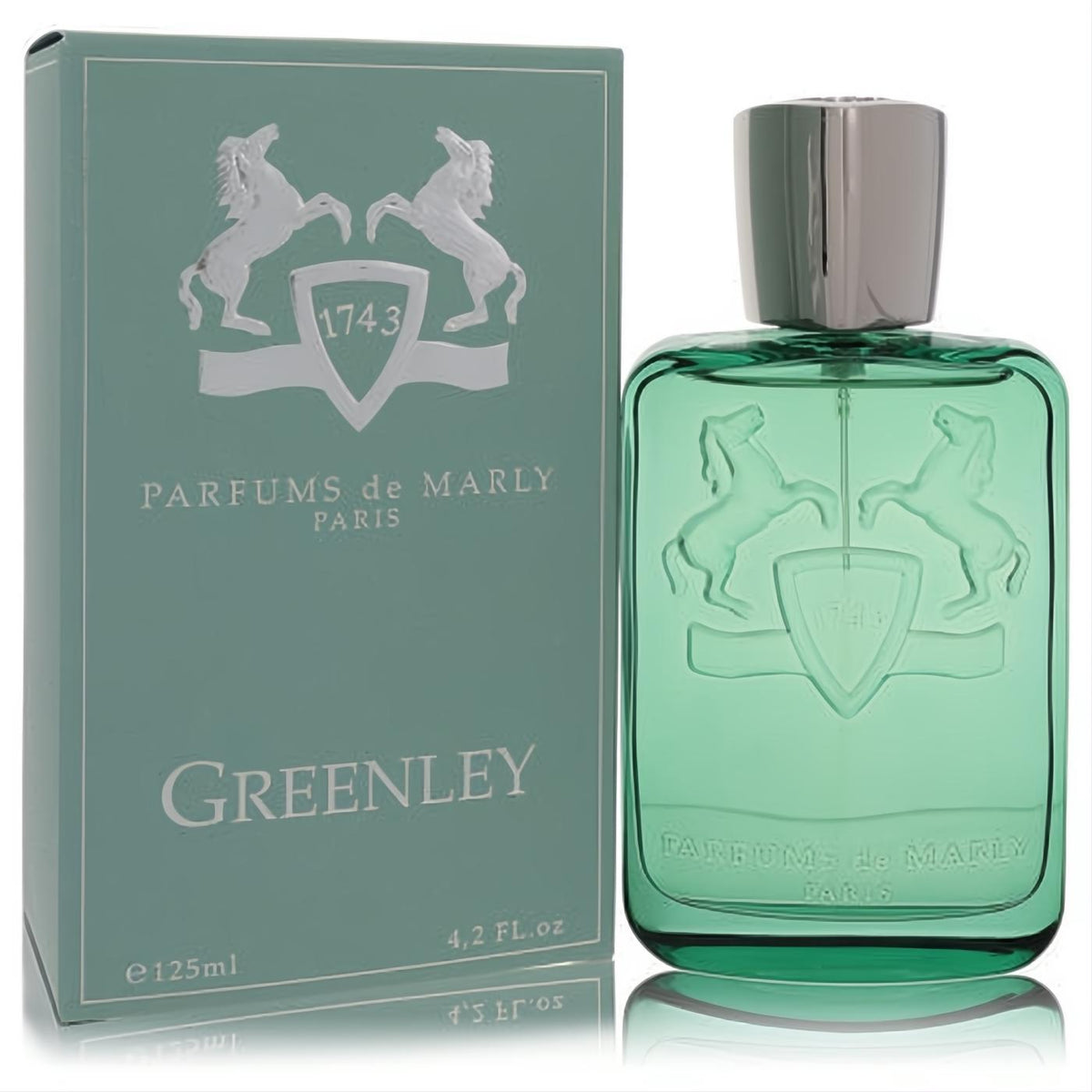 Discover Greenley by Parfums De Marly 4.2 oz unisex EDP. Vibrant green bottle, silver cap, embossed crest, and elegant matching box.