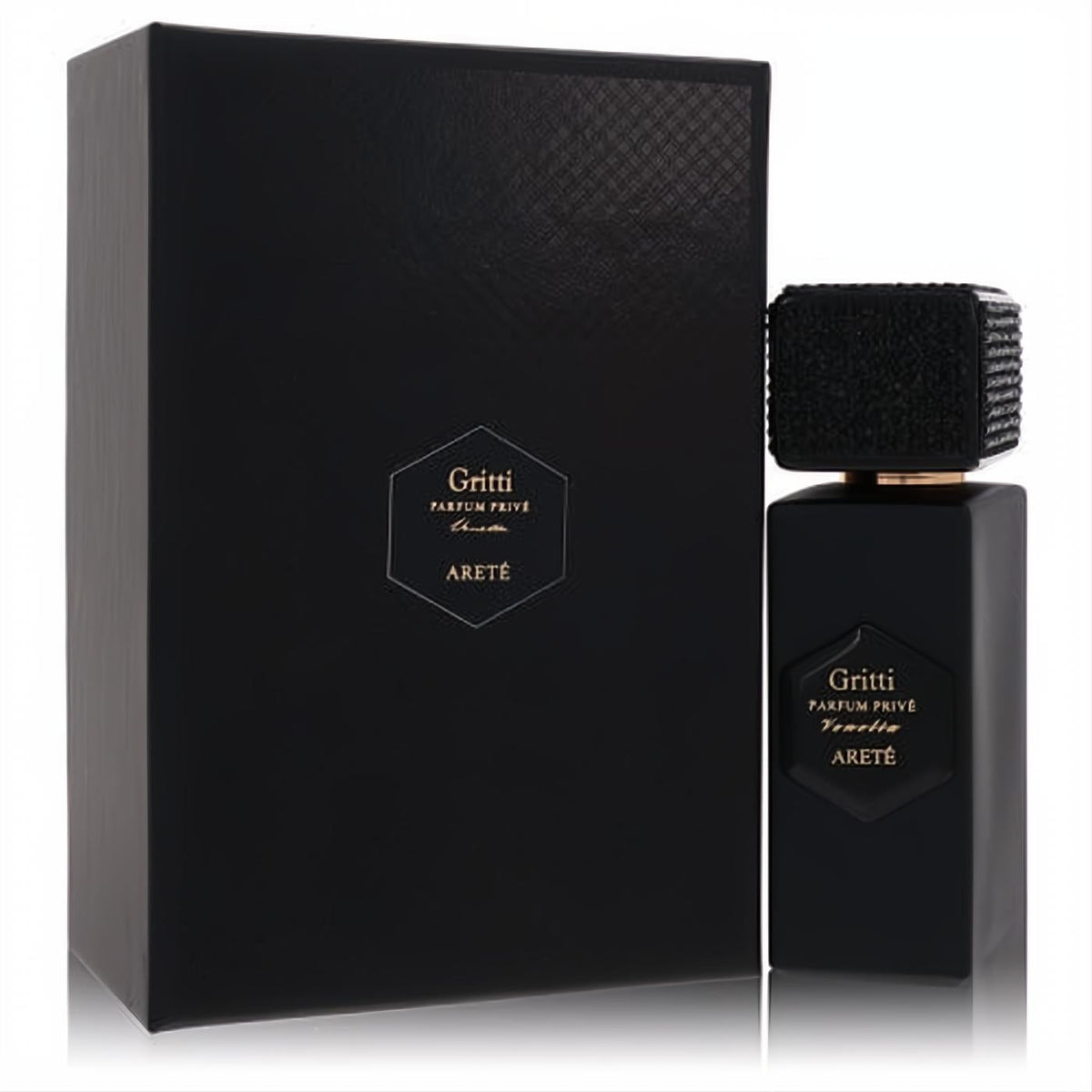 Gritti Arete Prive unisex EDP. Elegant matte black bottle, textured cap, gold accents, and matching luxury presentation box.